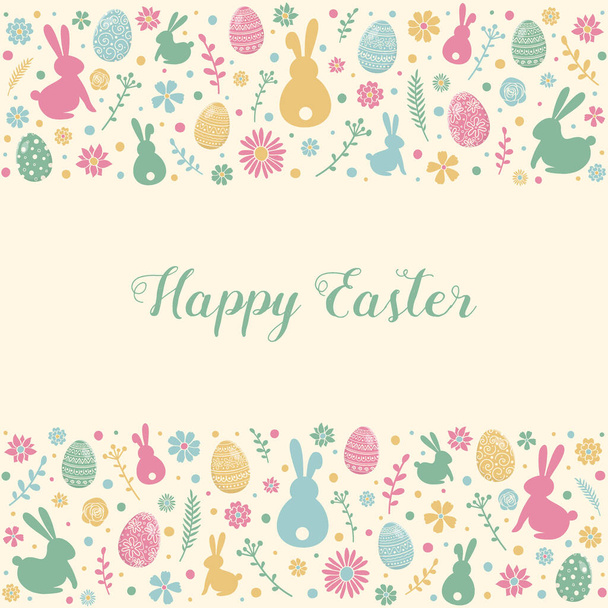 Colourful Easter greeting card with decorative eggs, bunnies and flowers. Vector - Vecteur, image