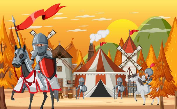 Wojskowy obóz średniowieczny z ilustracją namiotu - Wektor, obraz