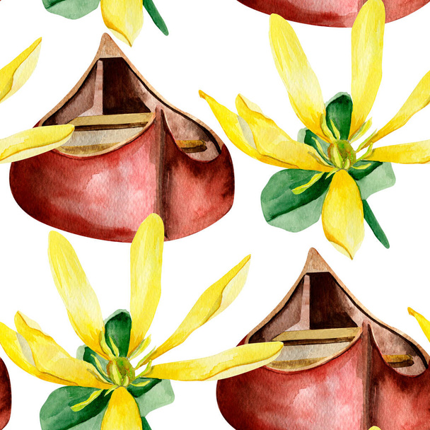 Red boat and yellow water lilies watercolor seamless pattern. Template for decorating designs and illustrations - Foto, Imagem