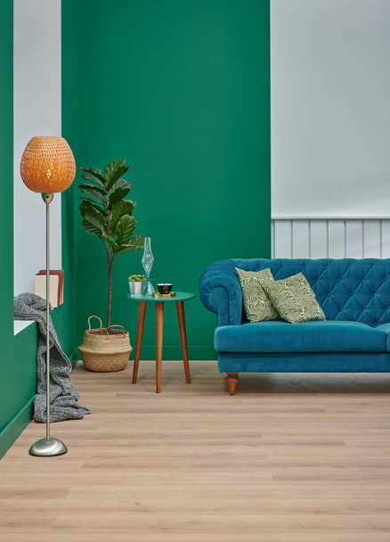 Blue sofa pillow and blanket decoration, green and white concept, lamp plant coffee table style, carpet, chair and home design, interior concept. - Fotoğraf, Görsel