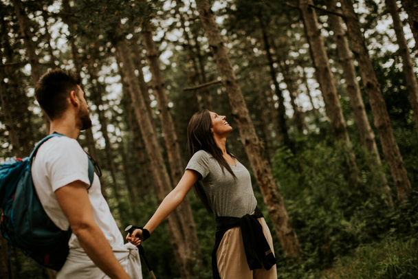 Pari nuorta retkeilijää reppuineen kävelee metsässä. - Valokuva, kuva