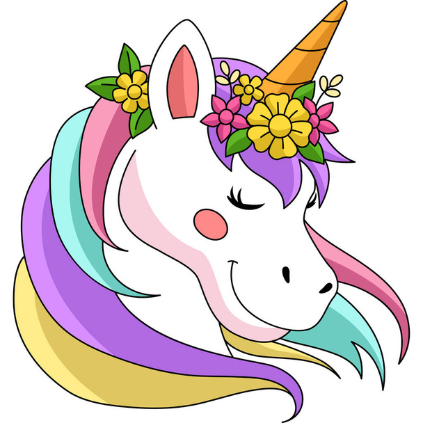 Unicorno indossando fiore corona cartone animato Clipart  - Vettoriali, immagini