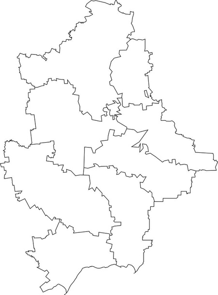 Plano blanco mapa vectorial en blanco de las zonas de raión de la zona administrativa ucraniana de DONETSK OBLAST, UCRANIA con líneas de borde negro de sus raiones - Vector, Imagen
