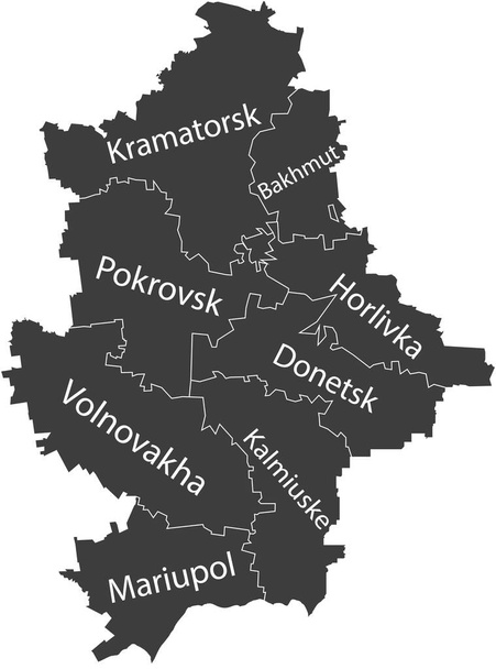 Tmavě šedá plochá vektorová mapa raionových ploch ukrajinské správní oblasti DONETSK OBLAST, UKRAINE s bílými hraničními liniemi a jmenovkami dešťových dešťů - Vektor, obrázek