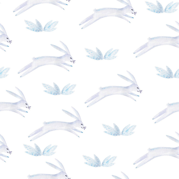 Schlafende weiße Hasen Aquarell nahtlose Muster. Vorlage zum Dekorieren von Designs und Illustrationen. - Foto, Bild