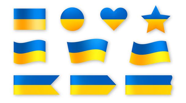 Ukraine flag blue and yellow ribbon set. Ukrainian national emblem waving collection. - Vektor, kép