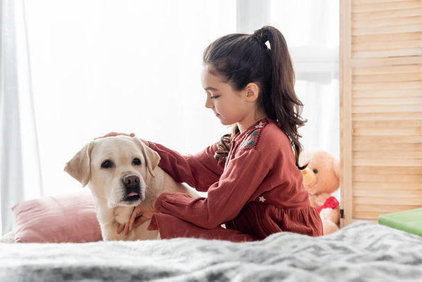 side view of brunette girl with ponytail petting labrador on blurred foreground - Foto, Imagen