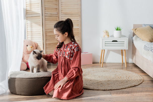 Девушка сидит на полу и гладит кошку на мягком пуфе в спальне - Фото, изображение