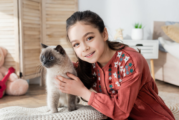 cheerful preteen girl hugging fluffy cat and looking at camera - 写真・画像