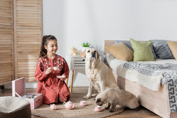 веселая девушка сидит на полу с игрушечной чашкой, играя рядом с собакой и кошкой - Фото, изображение