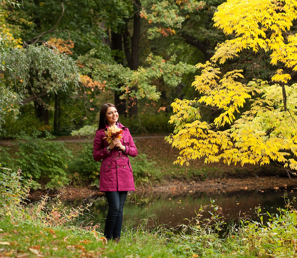 Young woman with autumn leaves in park - Fotó, kép