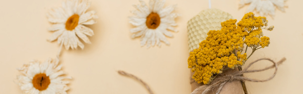 Vista superior de la vela hecha a mano cerca de flores secas sobre fondo beige, pancarta  - Foto, Imagen