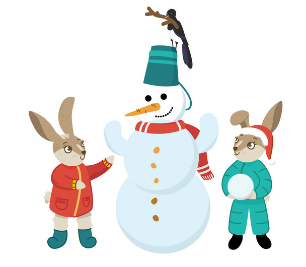 Кролики лепили снеговика. Милый кролик зимой. Рождество и Новый год. Векторная иллюстрация. - Вектор,изображение