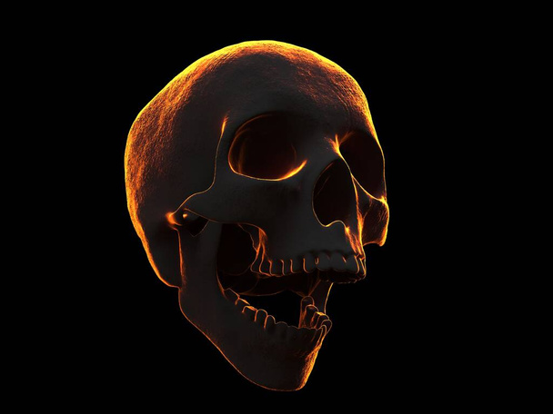 Lächelnder dunkler Totenkopf mit flammender orangefarbener Felgenbeleuchtung - Foto, Bild