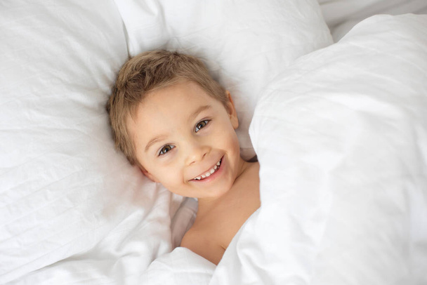 Beautiful blond toddler child, boy, sleeping in bed with teddy bear toy, knitted rabbit - Fotografie, Obrázek