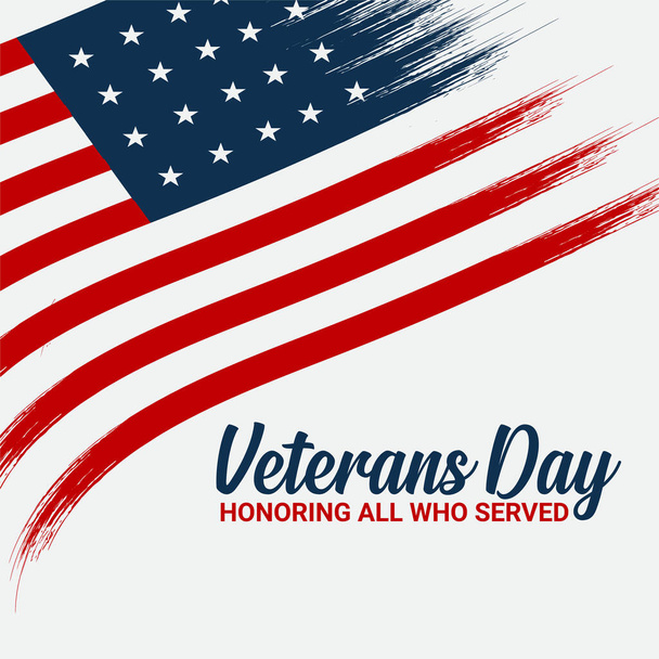 Veterans Day - Honoring All Who Served Poster. 11th of November. Usa Veterans Day celebration. American national holiday. Red stars, invitation text and waving Us flag on white background - Vector, Imagen