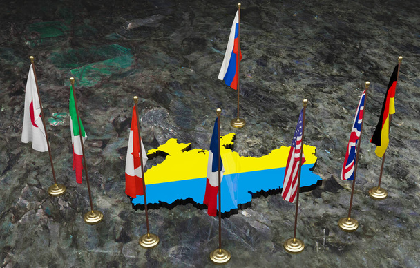 G7 країни проти Росії, прапори країн Великої сімки, Росії та мапи України кольоровим прапором. Припиніть війну Україна та Росія. 3D робота і 3D ілюстрація - Фото, зображення