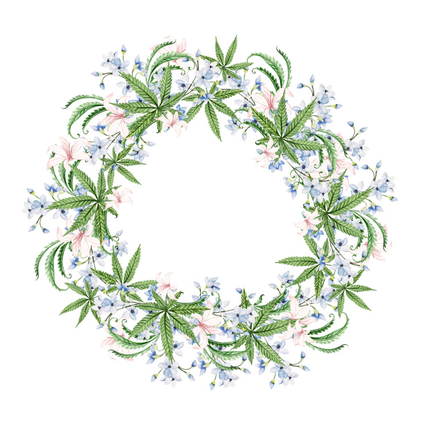 Beautiful tender watercolor wreath with different flowers and cannnabis. Illustration - Photo, Image