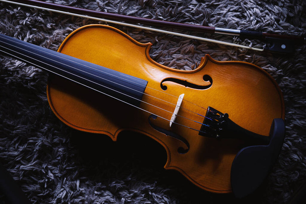 Closeup view on small violin, one half size, view on details.  - Φωτογραφία, εικόνα