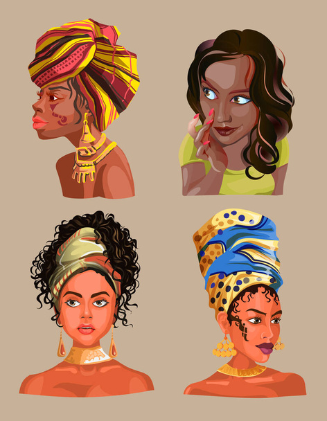 Set with Illustration of an African or latinos Girls Wearing Pretty Heads Scarves and Earrings. Used for print design greeting card used for print design, banner, poster, flyer template - Vektör, Görsel