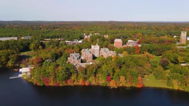Wellesley College vista aerea tra cui Green Hall e Tower Court con fogliame caduta a Wellesley, Massachusetts MA, Stati Uniti. - Filmati, video
