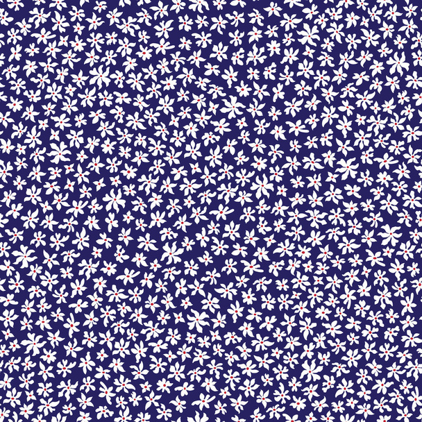 Vector seamless floral pattern from small white flowers in chaotic order. Trendy millefleurs style, dark blue background. Batik, wallpaper, wrapping paper, chintz textile print - Vector, Image