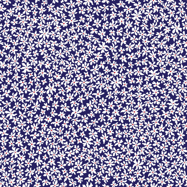 Vektorové hladké květinové vzory z malých bílých květin v chaotickém pořadí. Módní millefleurs styl, tmavě modré pozadí. Batik, tapety, balicí papír, porcelánový potisk - Vektor, obrázek