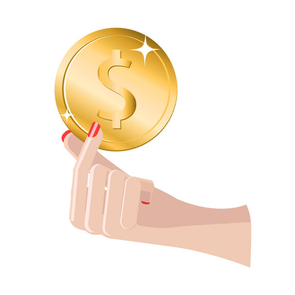 Όμορφη γυναίκα χέρι κρατώντας ένα δολάριο κέρμα απομονώνονται σε λευκό φόντο. Εικονογράφηση διανύσματος - Διάνυσμα, εικόνα