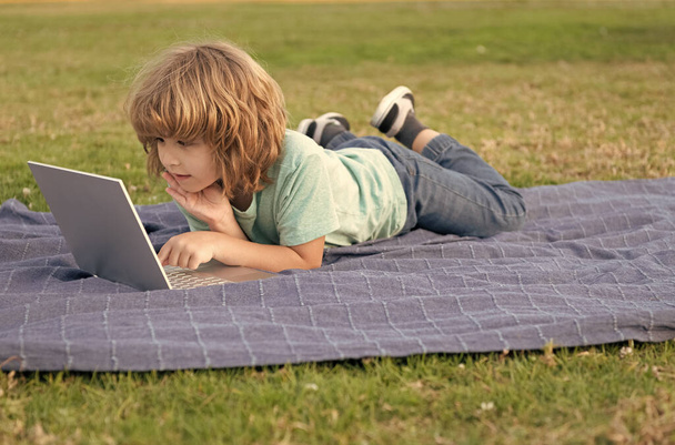 klein kind gebruik moderne draadloze laptop op park gras, online onderwijs - Foto, afbeelding