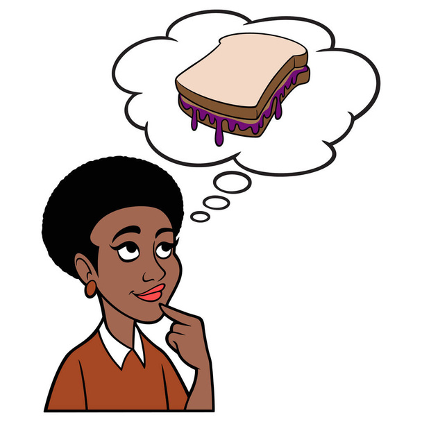 ピーナッツバターとゼリーについて考える黒人女性-ピーナッツバターとゼリーサンドイッチについて考える黒人女性の漫画のイラスト. - ベクター画像