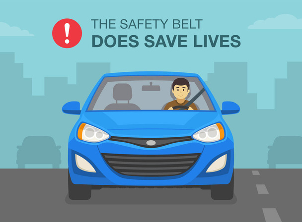 Водіння автомобіля. Ремінь безпеки рятує життєвий плакат. Чоловічий водій у ремені безпеки. Шаблон плоскої векторної ілюстрації
. - Вектор, зображення