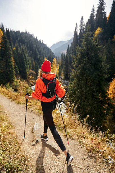 jeune fille avec des bâtons de trekking marchant au sentier de montagne - Photo, image