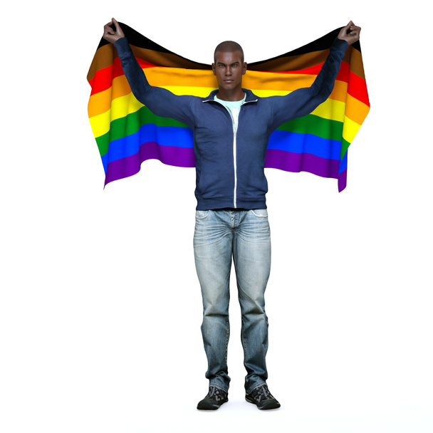 3D Render: Muž, který je gay drží pýchu duhovou vlajku s rukama podporuje LGBT - Fotografie, Obrázek
