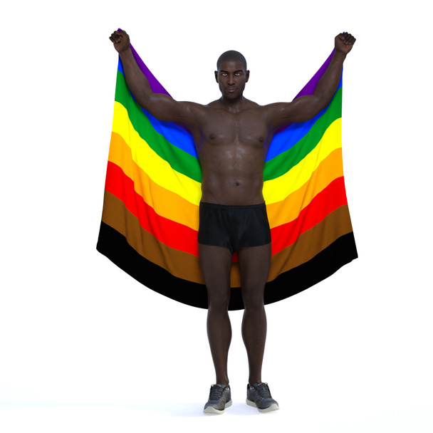 3D Render: Ein Mann, der schwul ist und die stolze Regenbogenfahne mit den Händen hält, unterstützt LGBT - Foto, Bild