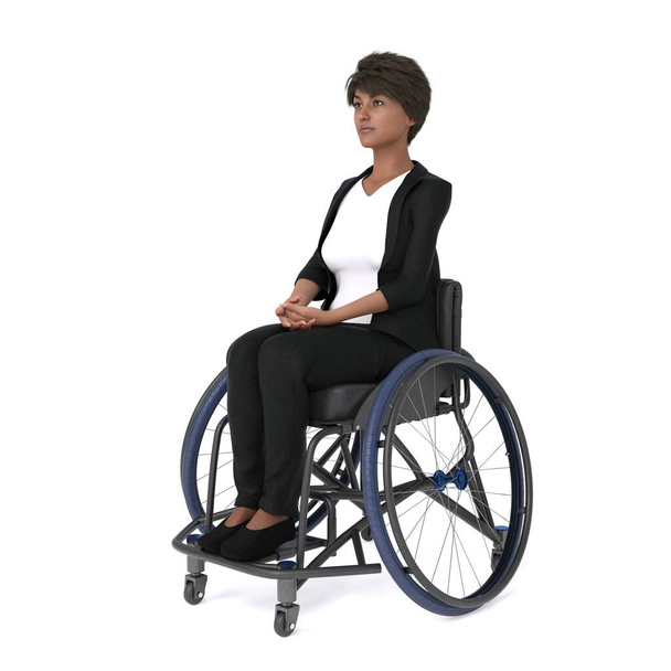 3D Render : A young woman is sitting in a wheelchair, wheelchair user, isolated - Foto, Imagem