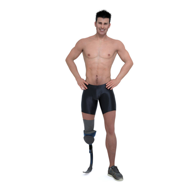 3D Render: ізольоване зображення усміхненого чоловіка з ногою для протезування
 - Фото, зображення