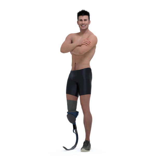 3D Render: imagem isolada de um homem sorridente com perna de prótese - Foto, Imagem
