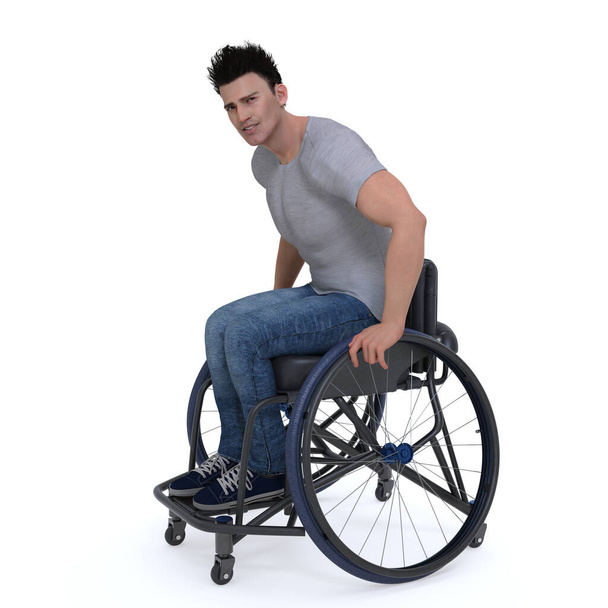 3D Render: il ritratto di un uomo che usa una sedia a rotelle, su sedia a rotelle, isolato - Foto, immagini