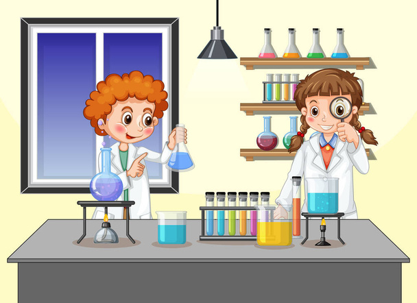 Scientist kids in laboratory room background illustration - Vector, Image