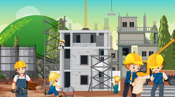 Budowa domu placu budowy i ilustracja pracowników - Wektor, obraz
