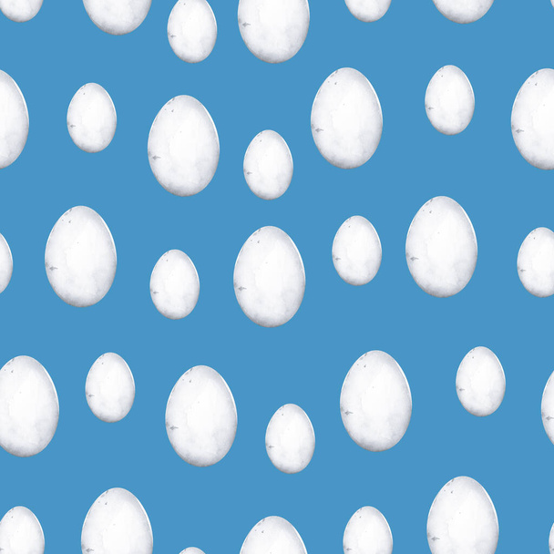 White egg on blue background watercolor seamless pattern. Template for decorating designs and illustrations. - Foto, Imagen