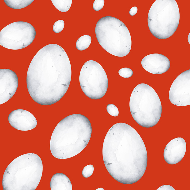 Kırmızı zemin üzerinde beyaz yumurtalar suluboya desensiz. Tasarım ve çizimler için şablon. - Fotoğraf, Görsel