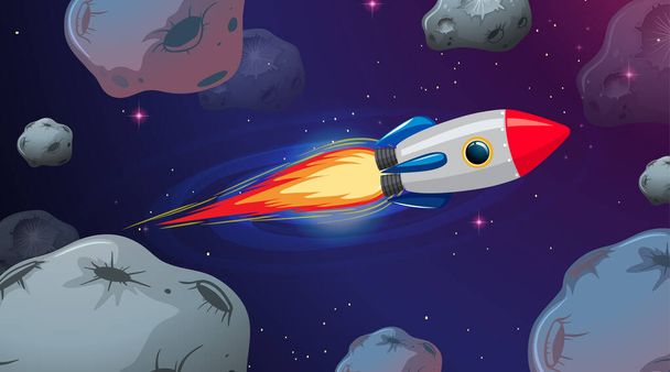 Rakete fliegt durch Astrioden Illustration - Vektor, Bild