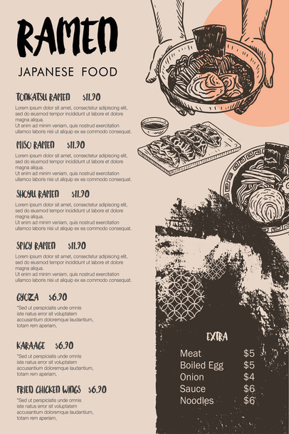 Bosquejo de comida, plantilla de menú japonés, Ramen y gyoza. Vector - Vector, Imagen