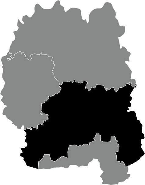 Zwarte vlakke blanco gemarkeerde locatiekaart van de ZHYTOMYR RAION in grijze stralen kaart van het Oekraïense administratieve gebied van de oblast Zhytomyr, Oekraïne - Vector, afbeelding