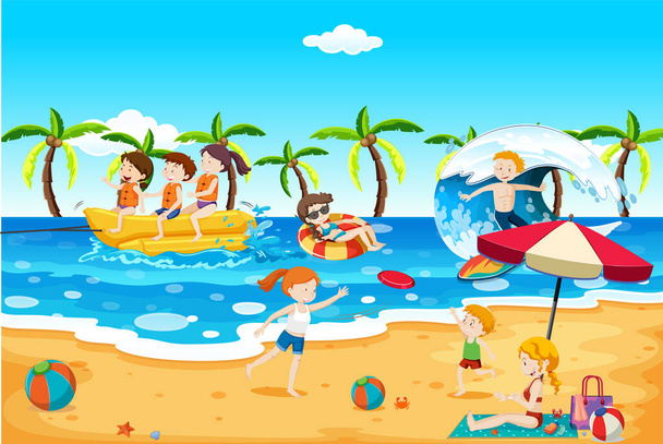 Tropische strand scene met mensen illustratie - Vector, afbeelding