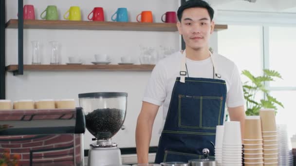 Portré fiatal ázsiai férfi barista érzés boldog mosolygós kávézóban. Kisvállalkozás tulajdonosa férfi nézi a kamera áll a pultnál a kávézóban. - Felvétel, videó