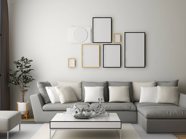 Cadre moquette dans une pièce moderne avec plusieurs cadres, canapé gris et oreillers. Illustration 3D. Rendu 3d  - Photo, image