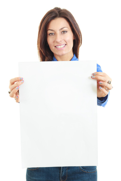 Beautiful woman holding blank board banner smiling - Foto, Bild