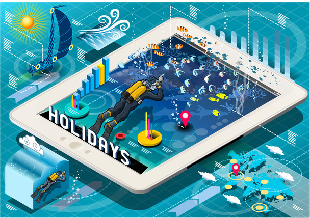 Isometric Diving Holidays Infographic on Tablet - Vector, Image